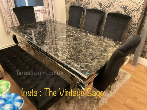 Black Louis Dining Table With Black Nicole Chairs & Majestic Bench
