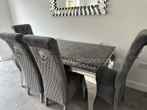 Black Louis Dining Table With Dark Grey Sofia Chairs