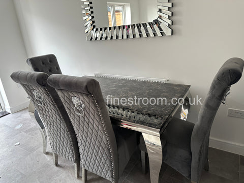 Black Louis Dining Table With Dark Grey Sofia Chairs