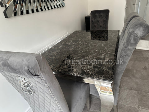 Black Louis Dining Table With Dark Grey Sofia Chairs