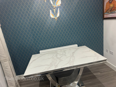 White Arial Dining Table With Dark Grey Round Knocker Majestic Chairs