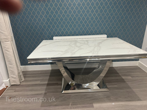 White Arial Dining Table With Dark Grey Round Knocker Majestic Chairs