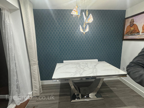 White Arial Dining Table With Dark Grey Round Knocker Majestic Chairs