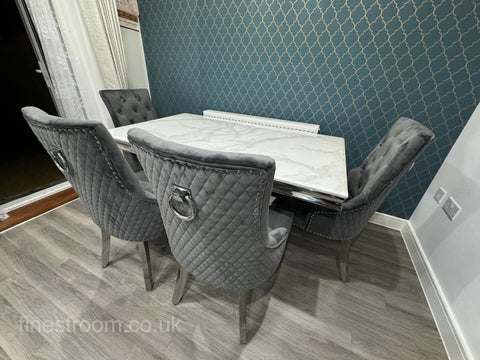 White Arial Dining Table With Dark Grey Round Knocker Majestic Chairs