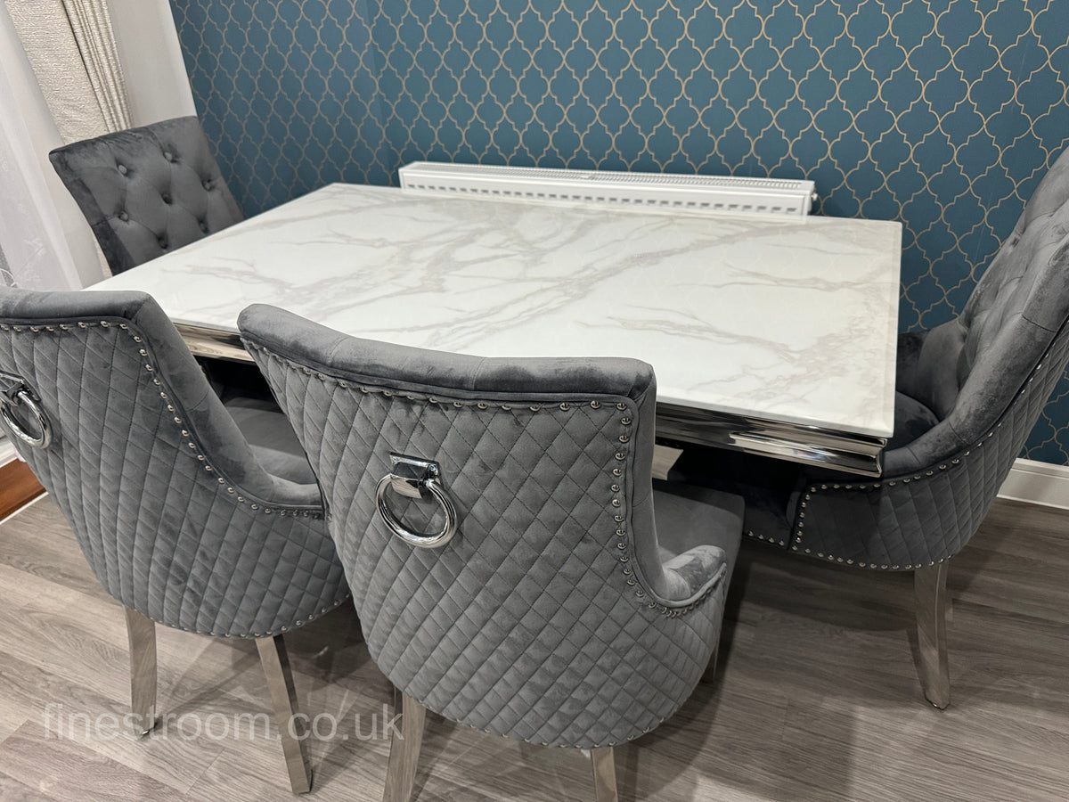 White Arial Dining Table With Dark Grey Round Knocker Majestic Chairs