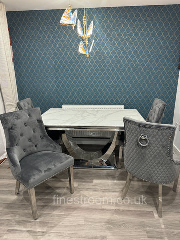 White Arial Dining Table With Dark Grey Round Knocker Majestic Chairs