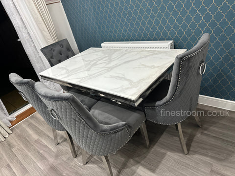 White Arial Dining Table With Dark Grey Round Knocker Majestic Chairs
