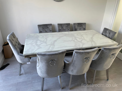 White Arial Dining Table With Light Grey Valencia Chairs