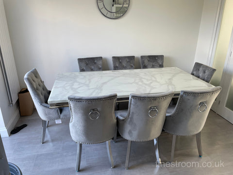 White Arial Dining Table With Light Grey Valencia Chairs
