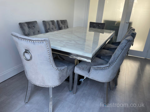 White Arial Dining Table With Light Grey Valencia Chairs
