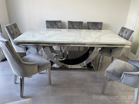 White Arial Dining Table With Light Grey Valencia Chairs