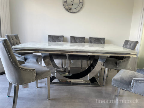 White Arial Dining Table With Light Grey Valencia Chairs