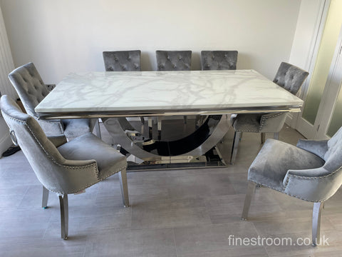 White Arial Dining Table With Light Grey Valencia Chairs
