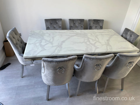 White Arial Dining Table With Light Grey Valencia Chairs