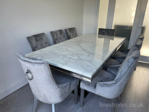 White Arial Dining Table With Light Grey Valencia Chairs