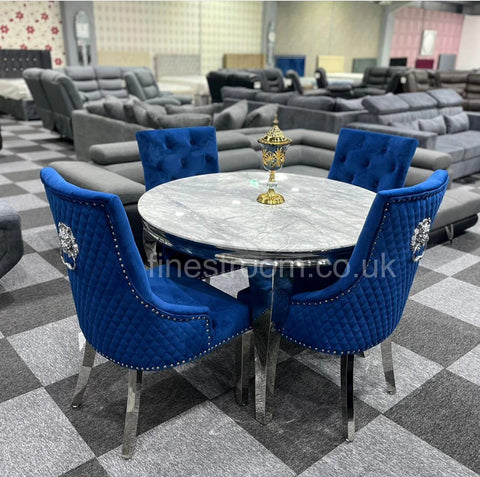 1.1M Round Grey Louis Dining Table With Navy Majestic Chairs