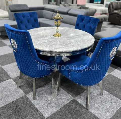 1.1M Round Grey Louis Dining Table With Navy Majestic Chairs