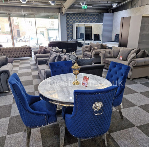 1.1M Round Grey Louis Dining Table With Navy Majestic Chairs