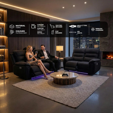 Milano 3+2 Electric Recliner Sofa Set – Fabric Sofa with USB-C, Wireless Charging, LED Lights & Cup Holders