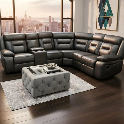 Nova Corner Sofa Electric Recliner – Leather Sofa with Built-in USB & Cup Holders, Elephant Grey