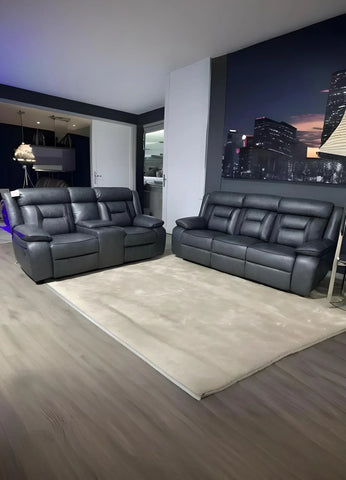 Nova Leather Electric Recliner Sofa Set – 3+2 Seater with Built-in Cup Holders & USB Ports, Elephant Grey
