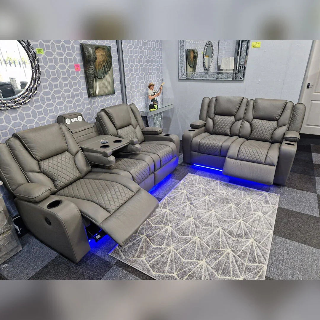 Orlando Leather Electric Recliners Sofa With Cupholders - 3+2 Seater Sofa/LED Lights/Wireless Charging/USB Charging Ports