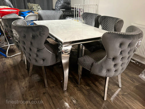 White Louis Dining Table with Dark Grey Valentino Chairs