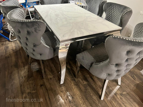 White Louis Dining Table with Dark Grey Valentino Chairs