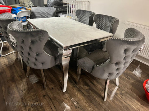 White Louis Dining Table with Dark Grey Valentino Chairs