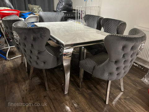 White Louis Dining Table with Dark Grey Valentino Chairs