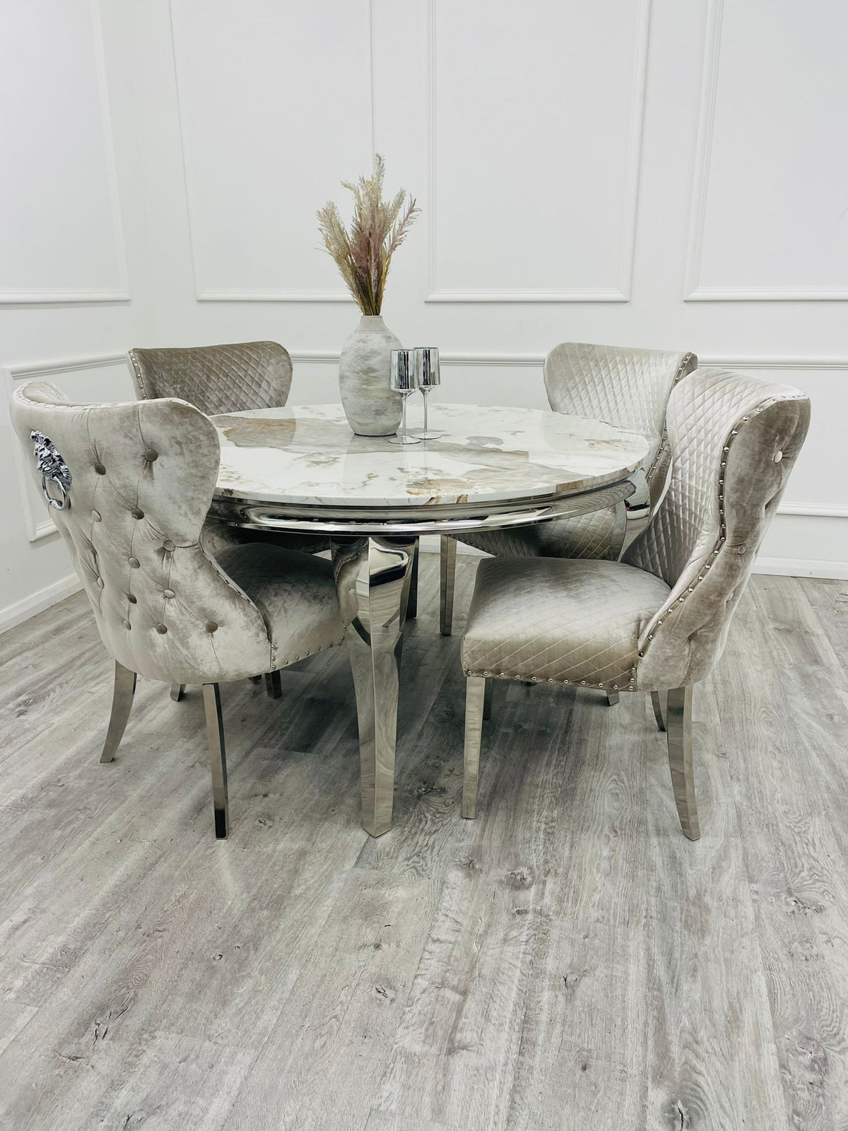 Pandora Gold Round Louis with 4 x Beige Shimmer Valentino Chairs
