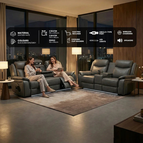 Parada Leather Electric Recliner Sofa 3+2 Seater-Bluetooth/USB/C-Type/Led/Cooling Cup Holders