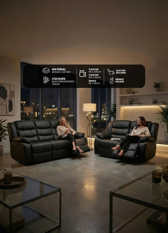 Roma Leather Recliner Sofa 3+2 Seater With Cup Holder Black/Grey