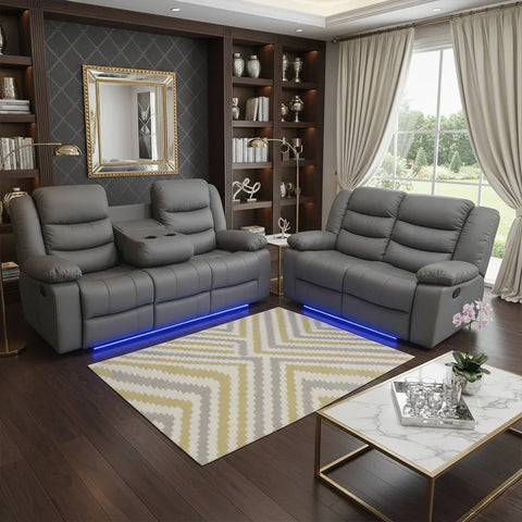 Roma Leather Electric Recliner Sofa 3+2 Seater – USB Ports, LED Lights & Cup Holders | Black/Grey