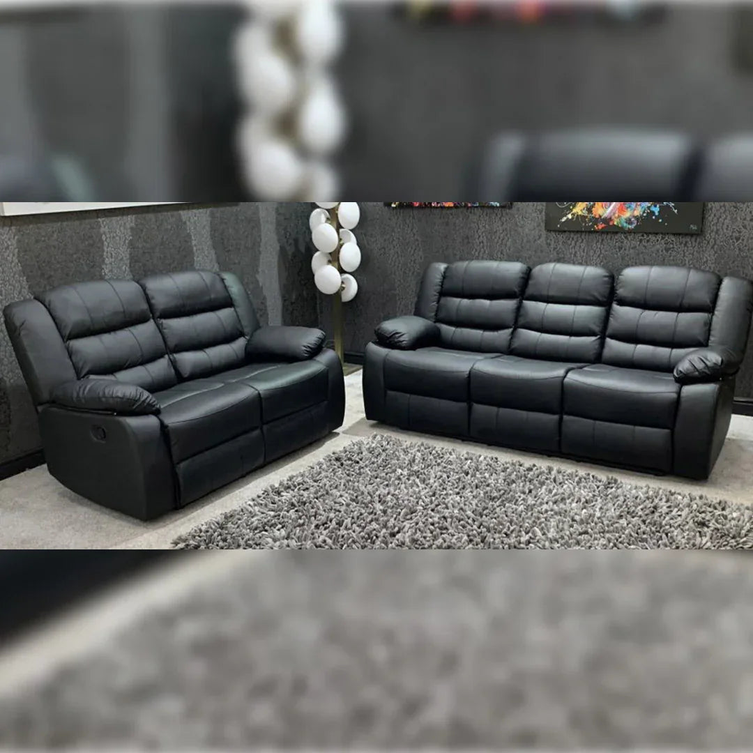 Roma Leather Recliner Sofa 3+2 Seater With Cup Holder Black/Grey