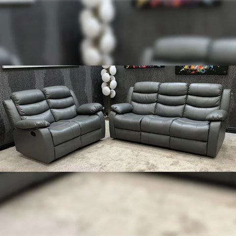 Roma Leather Recliner Sofa 3+2 Seater With Cup Holder Black/Grey