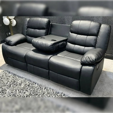 Roma Leather Recliner Sofa 3+2 Seater With Cup Holder Black/Grey