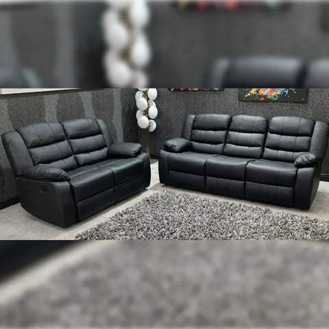 Roma Leather Recliner Sofa 3+2 Seater With Cup Holder Black/Grey