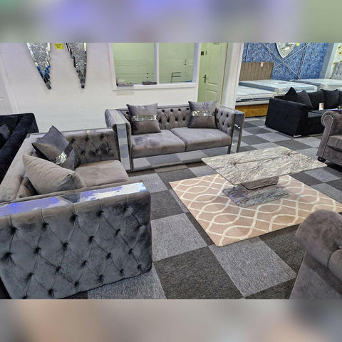 Valentino Chesterfield Glass Sofa 3+2 Seater Grey