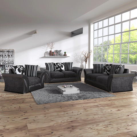 3+2 Shannon Farrow Large Sofa Chenille Fabric Grey Black/Brown Beige (Grey Black). Fire Resistant As Per British Standards, Foam Filled Seats For Comfort.
