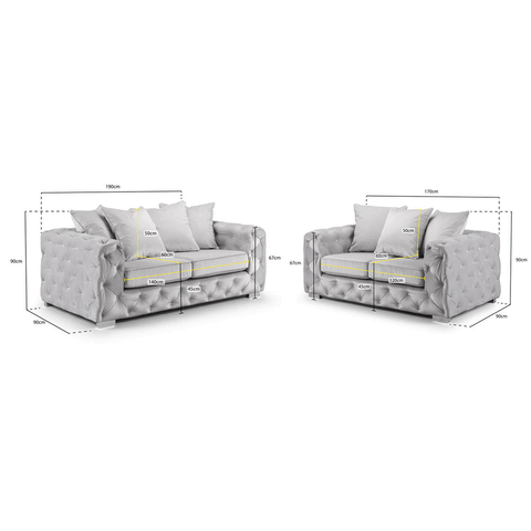 Ashton Range Chesterfield Sofa Set 3+2 Seater Silver Plush Velvet