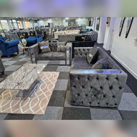 Valentino Chesterfield Glass Sofa 3+2 Seater Grey