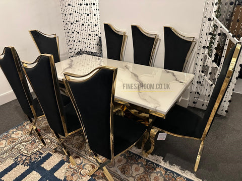 Aura Dining Table With Rosetta Black Gold Chairs