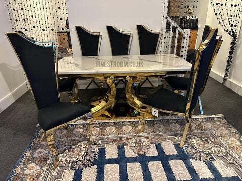 Aura Dining Table With Rosetta Black Gold Chairs