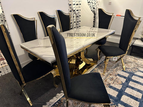 Aura Dining Table With Rosetta Black Gold Chairs