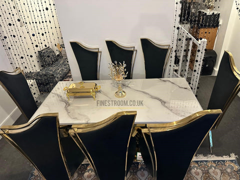 Aura Dining Table With Rosetta Black Gold Chairs