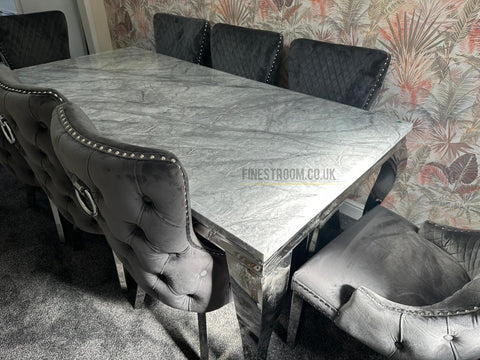 Grey Louis Dining Table With Dark Grey Victoria Ring Knocker Chairs