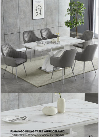 White Flamingo Ceramic Extendable Dining Table With Grey Alizeh Tub Dining Chairs