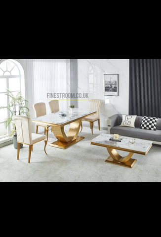 Arial Gold Dining Table With Cream/Black Gold Nicole Chairs