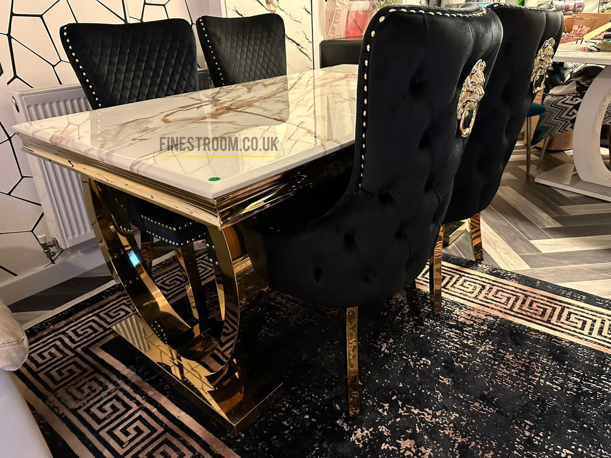 Kata Gold Ariana Dining Table With Victoria Black Gold Lion Knocker Chairs